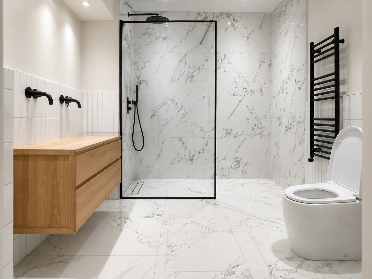 Tiled wall with neat cuts around fittings